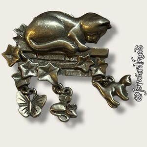 1990s LCD Pewter Cat Pin with Dangling Charms – Signed Lindsay Claire Designs